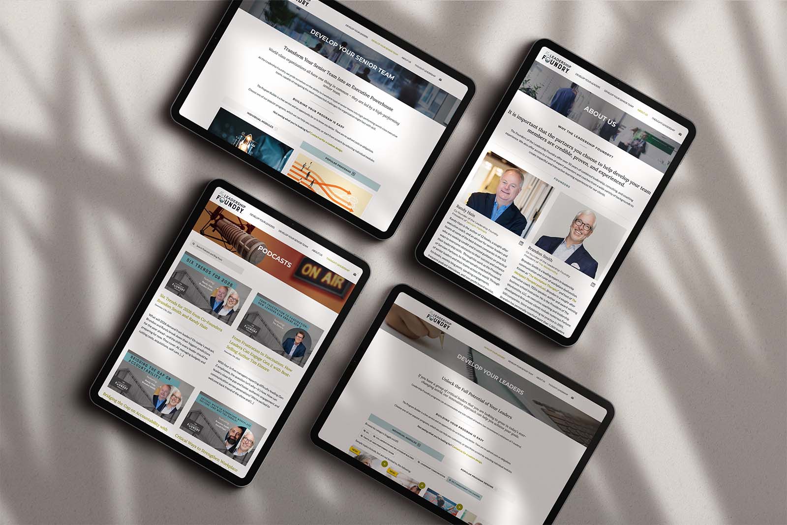 Four web pages on different tablet devices